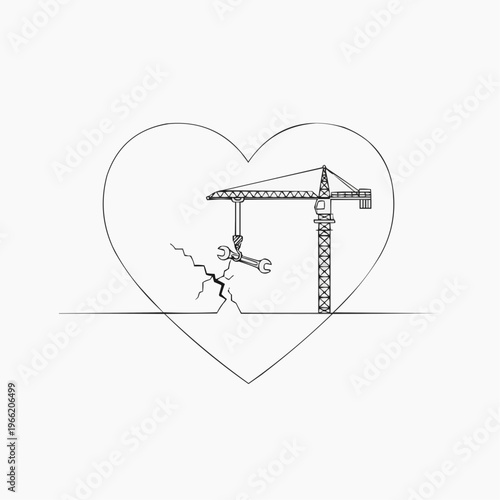 Crane fixing a cracked heart, symbolizing emotional repair and healing process.