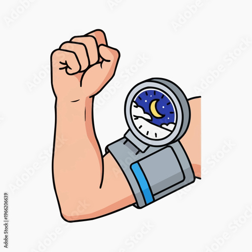 Arm with a blood pressure cuff displaying a night sky with moon and stars, representing sleep and health.