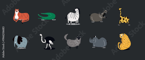 Illustration of various cartoon animals including a tiger, crocodile, zebra, hippo, giraffe, elephant, ostrich, wolf, rhino, and cheetah on a dark background. Animal illustrations, isolated vectors.