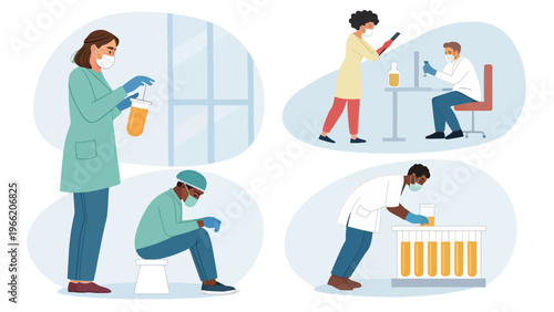 Medical professionals in various settings wearing protective gear and working with lab equipment