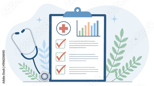 A medical clipboard with a stethoscope and leaves on a white background, symbolizing healthcare and wellness.