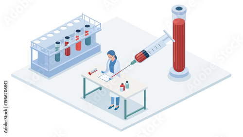 A scientist in a lab coat works at a table with test tubes and a large syringe filled with red liquid.
