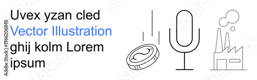 Communication, technology, finance, industrial production, eco-friendly operations, online transactions. Minimalist icons of a microphone, falling coin and factory. Communication and technology