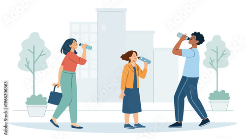 Three people walking in the city and drinking water from bottles