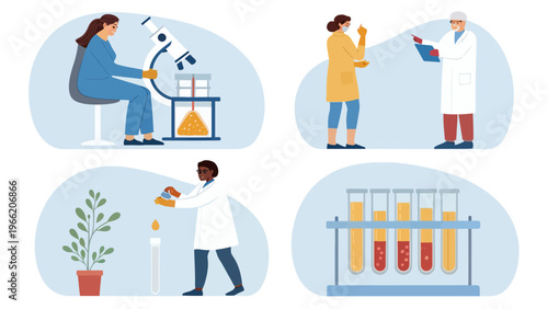 A group of scientists working in a laboratory setting with various equipment and experiments