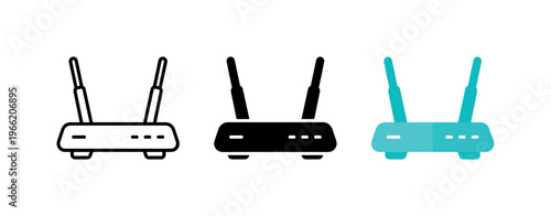 Wireless router icons in line, solid black, and flat design styles