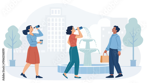 An illustration of people drinking from water bottles in a city park with a fountain
