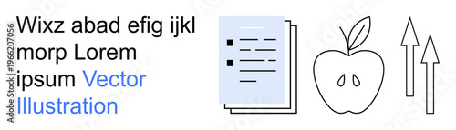 Education, healthy living, progress, knowledge sharing, nutrition, goal achievement. A document, apple and two upward arrows on clean background. Education and healthy living concepts
