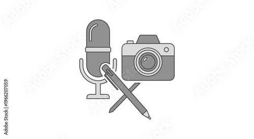 Microphone camera and pencil icon.