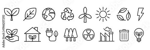 Set of eco-friendly icons featuring leaves, recycling, wind turbines, and solar energy. Includes symbols for sustainability and renewable energy sources. Nature illustrations, isolated vector set.