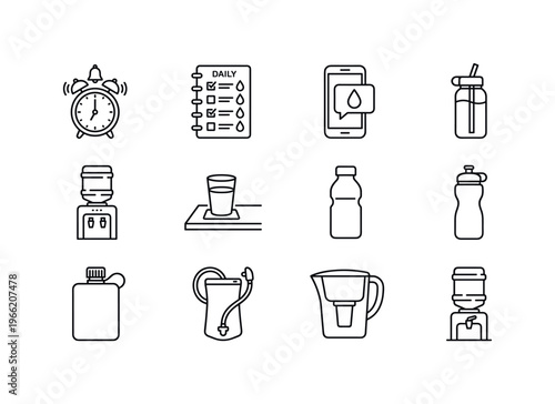 Icons representing daily water intake and hydration reminders for healthy living