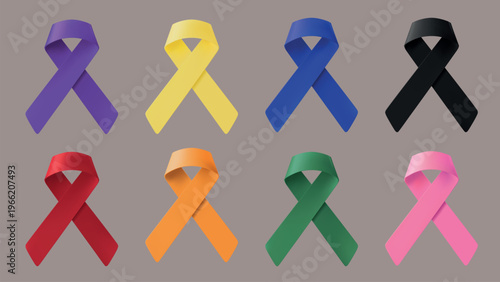 Set of eight awareness ribbons in various colors: purple, yellow, blue, black, red, orange, green, and pink, symbolizing different causes and support. Awareness ribbons, isolated element vector set.