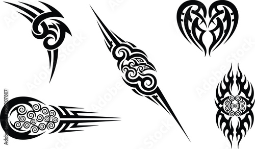 A collection of tribal tattoo designs on a white background