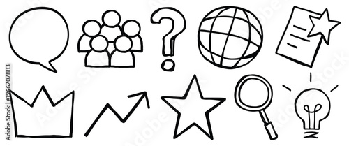 Hand-drawn icons include a speech bubble, group, question mark, globe, document, crown, arrow, star, magnifying glass, and light bulb. Sketch style icons. Doodle element vector set.