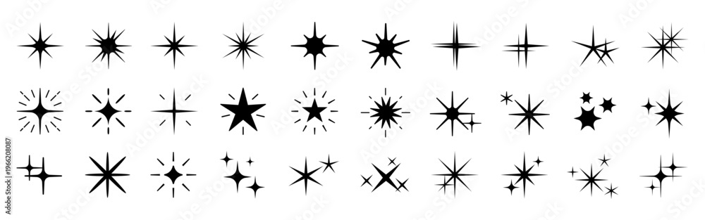 Obraz premium Vector set of black starburst and sparkle icons in various shapes and sizes on a white background.