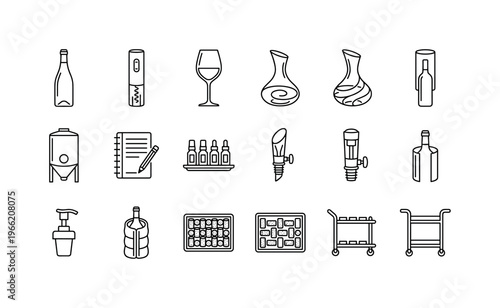 Collection of line art icons representing various wine accessories and tools