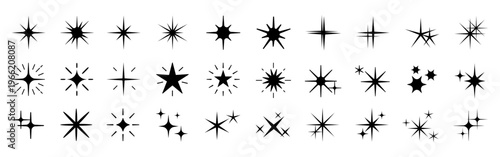 Vector set of black starburst and sparkle icons in various shapes and sizes on a white background.