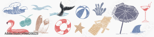 Beach-themed icons: waves, seagull, whale tail, beach ball, umbrella, cocktail, surfboards, lifebuoy, starfish, beach chair, shark fin, and flamingo float. Summer vacation element vector set.