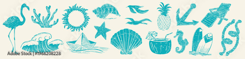 Vintage nautical icons: flamingo, seashells, waves, and anchor. Nautical elements like flamingo, seashells, and waves create a vintage beach vibe. Summer vacation element vector set.