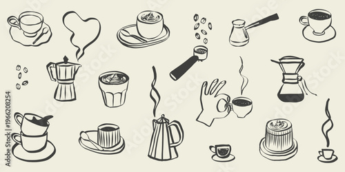 Coffee and tea doodle icons for cafe menu design. Italian breakfast sketch with espresso cup and hot drinks in retro line art style. Chalk vector illustration