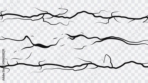 Abstract crack lines set with thin irregular shapes and organic fractures isolated on transparent background. Damage and fracture effect for design, games, and textures.