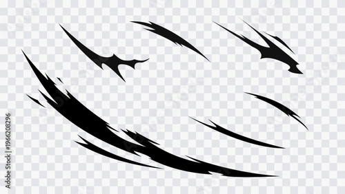Abstract slash marks with sharp dynamic strokes and aggressive shapes isolated on transparent background. Attack or hit effect for games, design, and comic visuals.