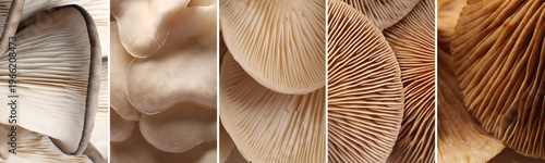 Collection of oyster mushroom textures, closeup view
