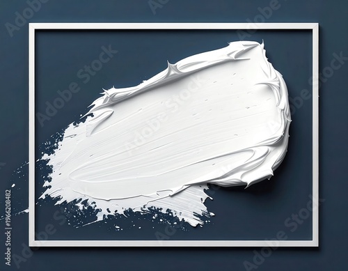 Pennellata di pittura bianca cremosa incorniciata su sfondo blu scuro, texture astratta e minimalista.