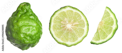 Fresh bergamot fruits isolated on white, set. Whole and sliced