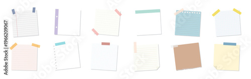 Colorful sticky notes and paper sheets. Sticky notes in various colors. Paper sheets with tape. Notes and sheets for reminders. Colorful and practical notes. Memo element vector set.