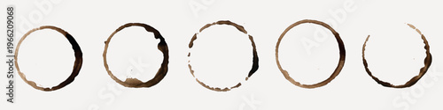 Five coffee cup stains in a row, circular coffee marks on a white background. Coffee stains, coffee rings, coffee marks in a repeating pattern. Element vector set.