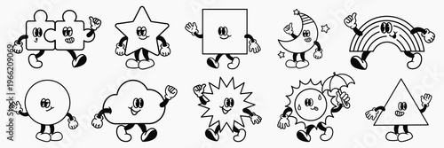 Playful cartoon shapes with faces and limbs: puzzle pieces, star, square, moon, rainbow, circle, cloud, sun, and triangle. Fun, animated, cheerful shapes. Fun cartoon icons, vector set.