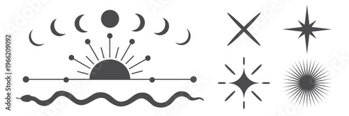 Minimalist celestial symbols: sun, moon phases, stars, and waves. Sun and moon in harmony. Stars and waves complement celestial design. Cosmic elements unite. Spirituality vector set.