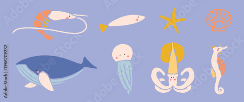 Illustrated sea creatures including a whale, fish, starfish, shell, jellyfish, squid, and seahorse on a blue background. Marine life, ocean animals, aquatic theme. Animal illustrations, vector set.