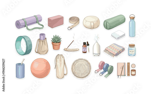 Collection of watercolor yoga and meditation accessories for a peaceful practice