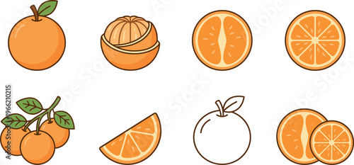 orange fruit citrus slices, whole orange, half orange, peeled orange, orange wedge and segments vector icon set isolated on transparent background