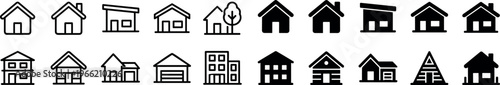 house and home real estate icon set with residential buildings, cottages, apartments, garage house and property symbols in line and solid style isolated on transparent background
