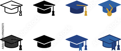 graduation cap mortarboard icon set in outline and solid styles for education university diploma and academic achievement isolated on transparent background