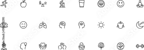 health and wellness line icon set with fitness running meditation yoga brain balance lungs water and healthy lifestyle symbols isolated on transparent background