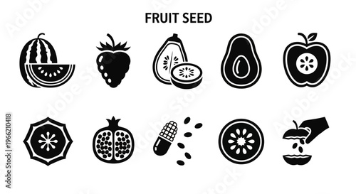 Black and white fruit seeds icons.