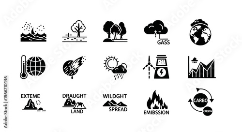 Black icons depicting environmental issues.