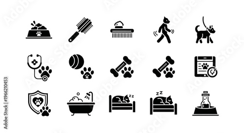 Black icons of dog care items.