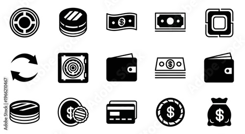 Black icons of money and finance.