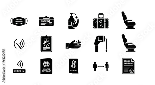 Black icons of pandemic safety measures.