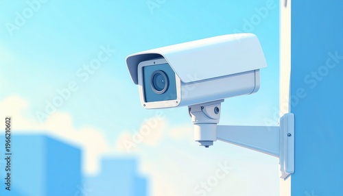 Telecamera di sorveglianza bianca fissata su un muro con cielo azzurro e skyline sfocato sullo sfondo.