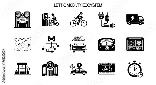 Electric mobility ecosystem icons set.