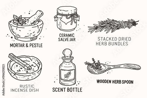 Hand Drawn Apothecary Set, Herbal Medicine, Vintage Wellness and Natural Remedies