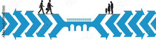 Vector illustration of people walking on arrows with a bridge in between, symbolizing direction and connection