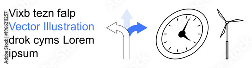 Renewable energy, environmental awareness, time management, sustainability, decision-making, direction. Wind turbine, arrows and clock . Renewable energy and environmental awareness concepts