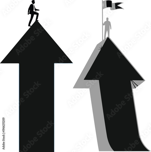 Businessman on top of large black arrow reaching success ahead of other